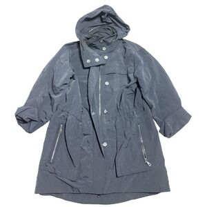Anorak Coat Womens Large Gray Hooded Zip Anorak Jacket Pockets Lined Mid Length